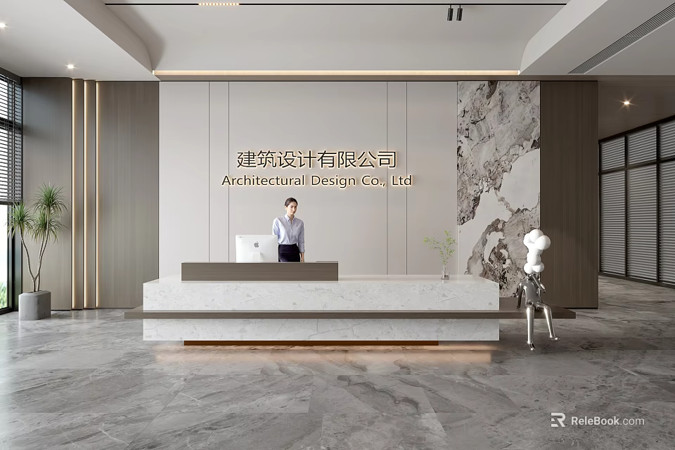 Elegant Modern Reception Area Design For Architectural Design Company Interior With Receptionist 3d model 