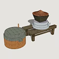 Traditional Bamboo Container And Wooden Rack With Stacked Bowls And Hat Shaped Lid