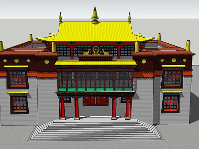 Ancient Architecture With Yellow Roof Red Pillars Stone Steps And Traditional Design 3d model