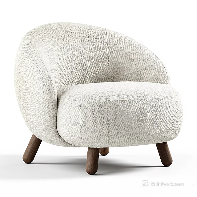 Plush Light Beige Accent Chair With Rounded Design And Wooden Legs 3d model 