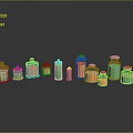 Assorted Glass Bottles With Green And Orange Liquid And Stoppers In Various Sizes