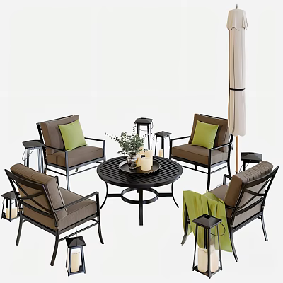 Stylish Outdoor Table and Chair Set with Round Table Brown Chairs Green Cushions Lanterns Umbrella 3d model