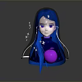Anime Blue Haired Character With Purple Eyes Floating Sparkles And Purple Orb