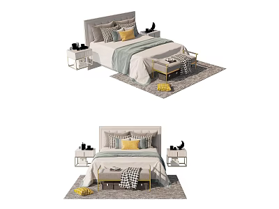 Elegant Modern Double Bed Interior Design With Nightstands Decorative Pillows And Area Rug 3d model