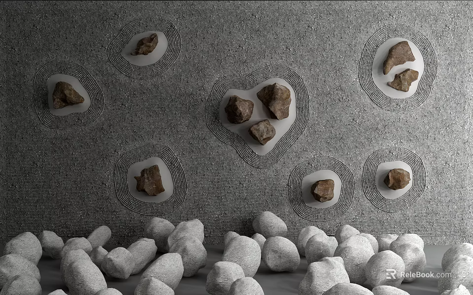 Gray Textured Background With Circular Depressions Holding Stones Wood And Piled Stones At The Bottom 3d model 
