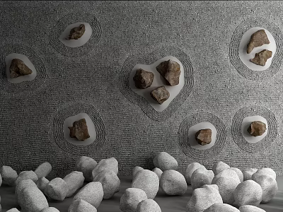 Gray Textured Background With Circular Depressions Holding Stones Wood And Piled Stones At The Bottom 3d model