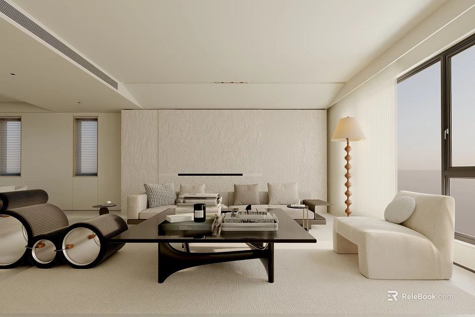 Modern Minimalist Living Room Featuring Beige Sofa Coffee Table Floor Lamp Fireplace And Large Window 3d model 