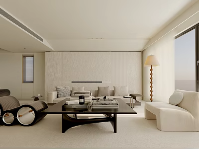 Modern Minimalist Living Room Featuring Beige Sofa Coffee Table Floor Lamp Fireplace And Large Window 3d model