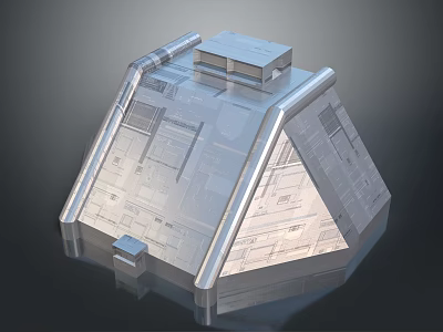 Cartoon Scene Futuristic Pyramid Structure With Transparent Surface Blueprint Patterns And Small Square Base 3d model