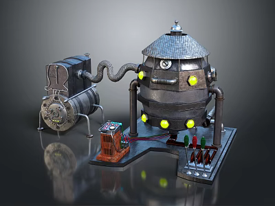 Industrial Engine Featuring Metal Structure Pipes Yellow Lights And Control Panel Design 3d model