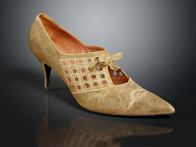 Beige Leather High Heels With Lattice Pattern Bow Decoration And Pointed Toe Stiletto Heel 3d model
