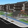 Scenic Park Landscape Featuring Blue Orange Striped Track Green Lawns Trees And Chinese Style Buildings