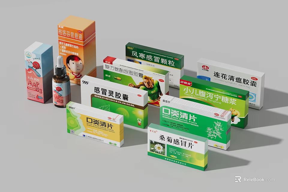 Various Herbal Medical Products Including Cold Remedy Children's Throat And Oral Ulcer Tablets 3d model 