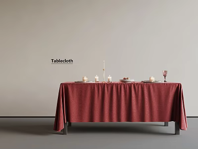 Red Tablecloth Covered Dining Table With Candles Plates And Wine Glass Setup 3d model