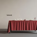 Red Tablecloth Covered Dining Table With Candles Plates And Wine Glass Setup 3d model
