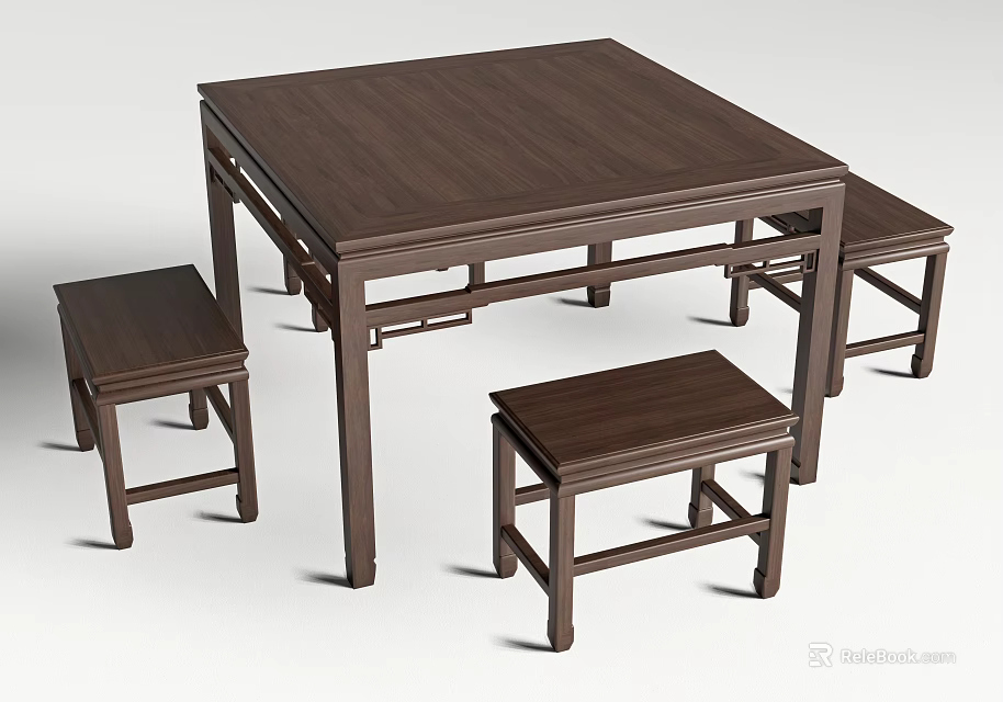 Dark Brown Wooden Dining Table Set with Matching Stools Simple Classic Design 3d model