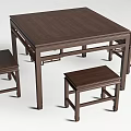 Dark Brown Wooden Dining Table Set with Matching Stools Simple Classic Design 3d model
