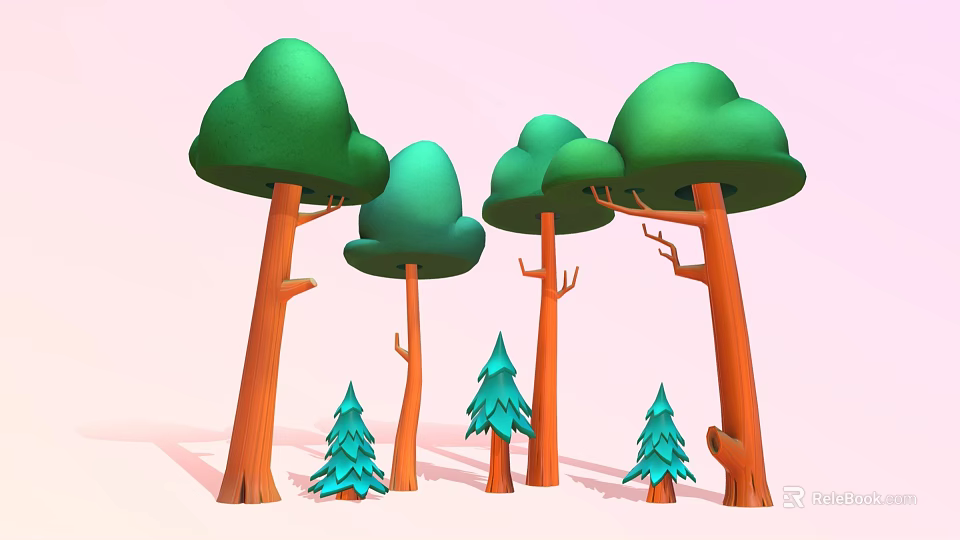 Cartoon Forest Scene With Green Mushroom Trees Orange Trunks Small Pine Trees And Pink Background 3d model 