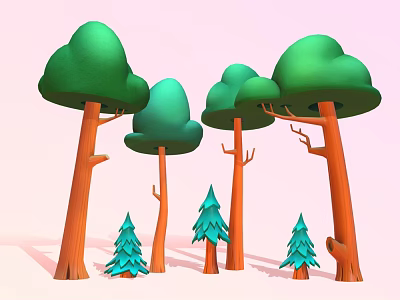 Cartoon Forest Scene With Green Mushroom Trees Orange Trunks Small Pine Trees And Pink Background 3d model