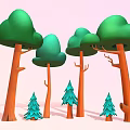 Cartoon Forest Scene With Green Mushroom Trees Orange Trunks Small Pine Trees And Pink Background
