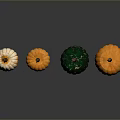 Four Colorful Pumpkins White Striped Orange And Green Arranged On Gray Background With Clear Reflections