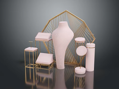 Elegant Gold Geometric Decor Frame With Pink Vase Round Stands And Square Cushions 3d model