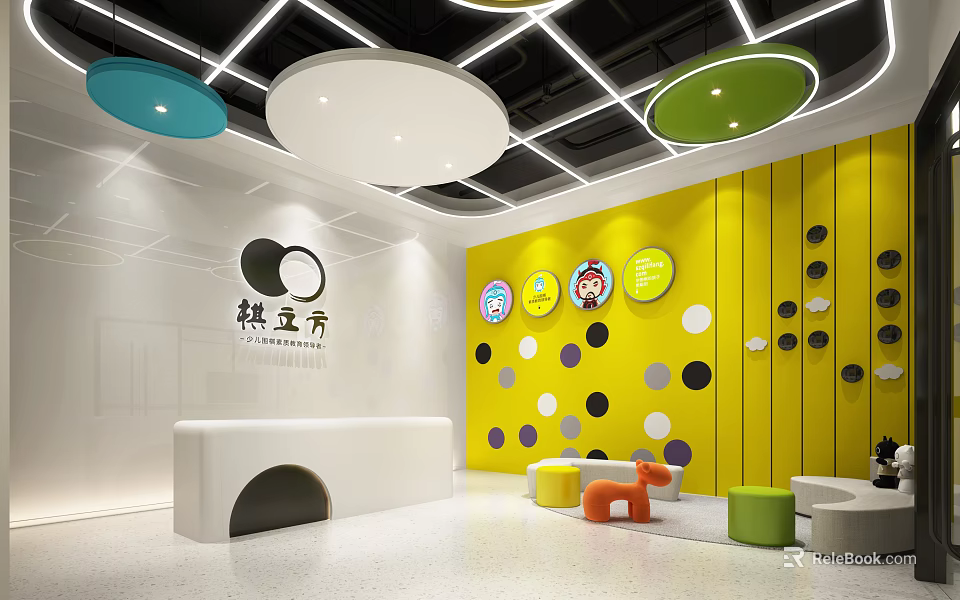 Qilifang Kids Activity Space With Yellow Polka Dot Wall Colorful Circular Lights White Reception Desk 3d model 