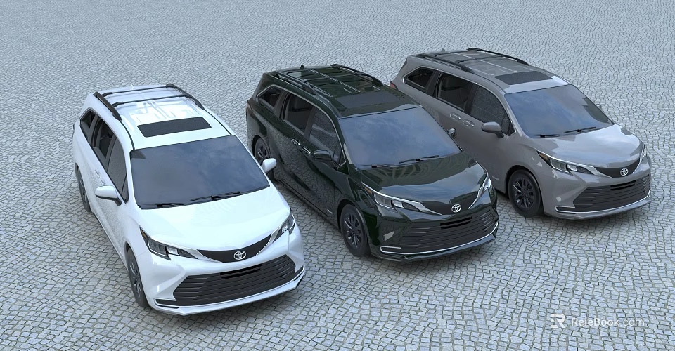 Three Toyota Minivans In White Black Gray Parked On Cobblestone 3d model 