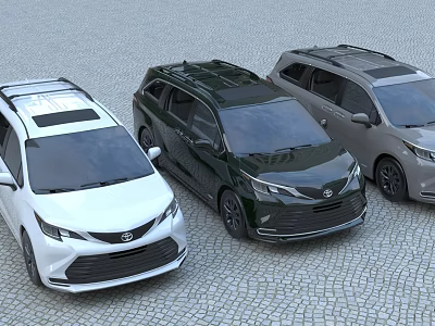 Three Toyota Minivans In White Black Gray Parked On Cobblestone 3d model