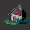 Enchanting Cartoon Scene With Fairy Tale Cottage White Walls Pink Roof Green Trees And Small Mushrooms