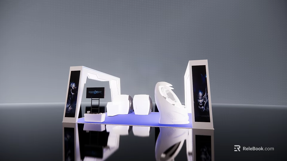 Modern Exhibition Booth With White Structure Blue Lighting And Display Screen 3d model