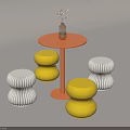 Orange Round Table With Yellow White Ribbed Stools And Dried Grass Vase 3d model