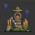 Fantasy Building With Green Platforms Candles Blue Cloud Like Objects Circular Arch And Sword 3d model