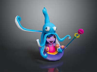 Woman With Purple Hair Sitting On Blue Octopus Holding Magic Wand With Pink Flower 3d model