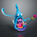 Woman With Purple Hair Sitting On Blue Octopus Holding Magic Wand With Pink Flower