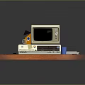 Retro Computer Setup on Wooden Desk With Screen Paul Test Keyboard Floppy Disks Magazine Cup