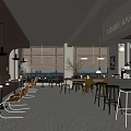 Modern Café Interior With Open Space Large Windows Blinds Bar Counter Stools And Pendant Lights