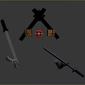 Various Types of Weapons Collection Featuring Swords Pistol and Bladed Tools