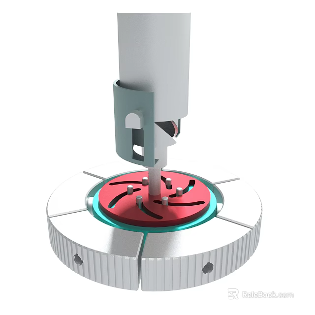 Robotic Arm Handling Red Component On Rotating Metal Platform Structure 3d model
