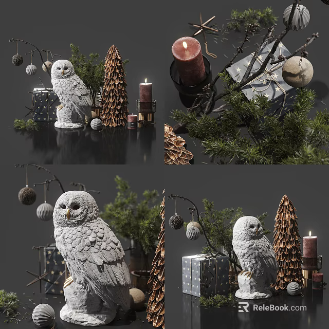 Christmas Themed Owl Decorative Figure With Pine Branches Candles And Gift Boxes 3d model 