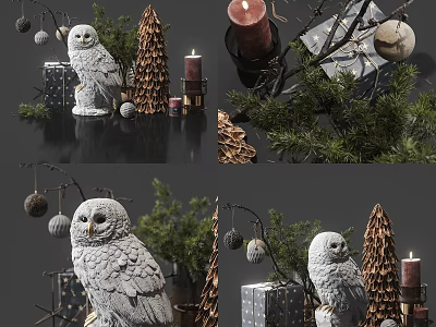 Christmas Themed Owl Decorative Figure With Pine Branches Candles And Gift Boxes 3d model