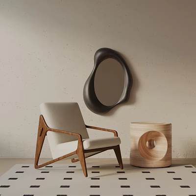 Leisure Chair With Wooden Frame Light Cushion Round Wooden Side Table Black Irregular Wall Mirror 3d model