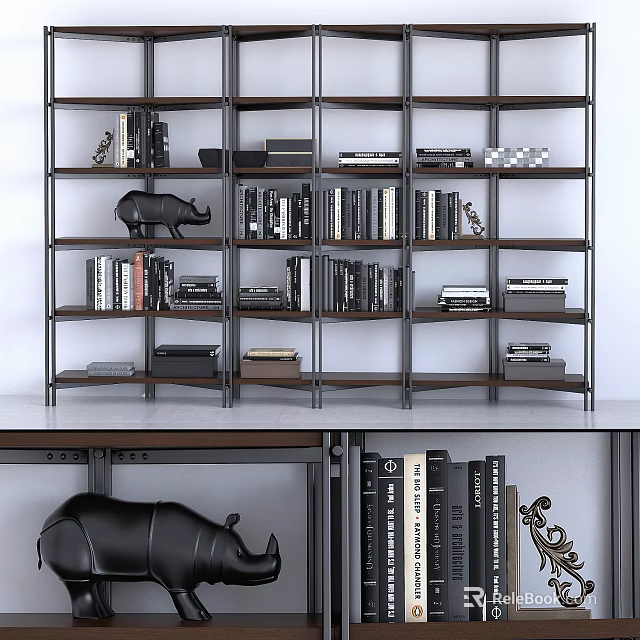 Modern Decorative Cabinet With Metal Frame Shelves Holding Books And Decorative Sculptures 3d model 