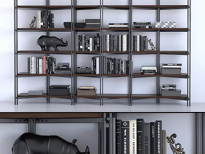 Modern Decorative Cabinet With Metal Frame Shelves Holding Books And Decorative Sculptures 3d model