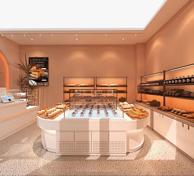 Cozy Dessert Shop Interior With Glass Display Cases Fresh Desserts And Bread 3d model