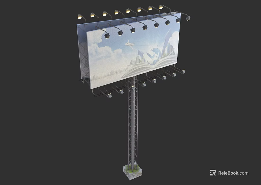 Tall Metal Billboard Structure With Illuminated Lights And Scenic Sky Mountain Design 3d model 