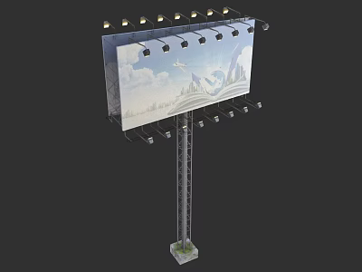 Tall Metal Billboard Structure With Illuminated Lights And Scenic Sky Mountain Design 3d model