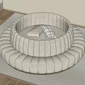 Circular Beige Sectional Sofa with Layered Structure and Plaid Cushions in Bright Wooden Floor Setting