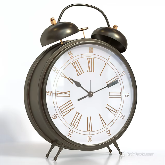 Vintage Alarm Clock With Double Bells Roman Numerals White Dial And Black Hands 3d model 