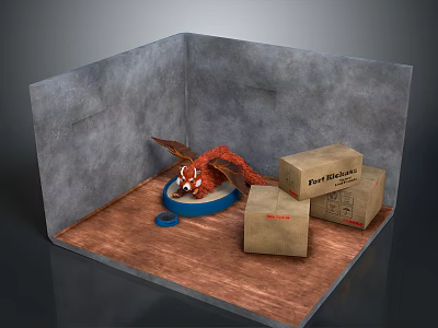 Red Winged Dragon Game Character With Fragile Handle With Care Boxes And Gray Walls 3d model